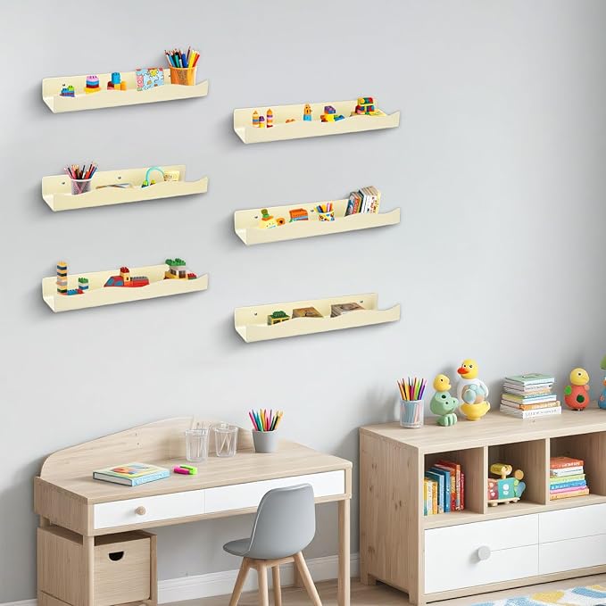 Acrylic Wall Shelf Organizers 15 Inch Floating Shelf for Wall Decor Bookshelf for Kids Modern Beige Wall Mount Shelf for Living Room, Bedroom, Bathroom(6, Yellowish Beige)
