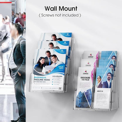 MaxGear Brochure Holder 3 Tier 8.5x11 inch with Removable Divider for 4x9 inch Acrylic Literature Display Stand Clear Plastic Flyer Holder Wall Mount or Countertop Use for Pamphlets, Booklets, 4 Pack