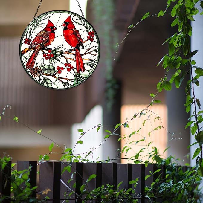 Cardinal Sun Catcher Stained Glass Window Hanging Cardinal Decor Lovers Gifts for Women Handmade Sun Catcher Decoration for Garden Home Housewarming Gifts