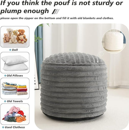 Pouf Ottoman Stuffed Round for Foot Rest, Faux Fur Poufs with Foam Chunk Filling, Storage Ottoman Pouf Foot Stool Cushion, 26 X 18 Inch Floor Chair for Living Room Bedroom Home Decor, Light Gray