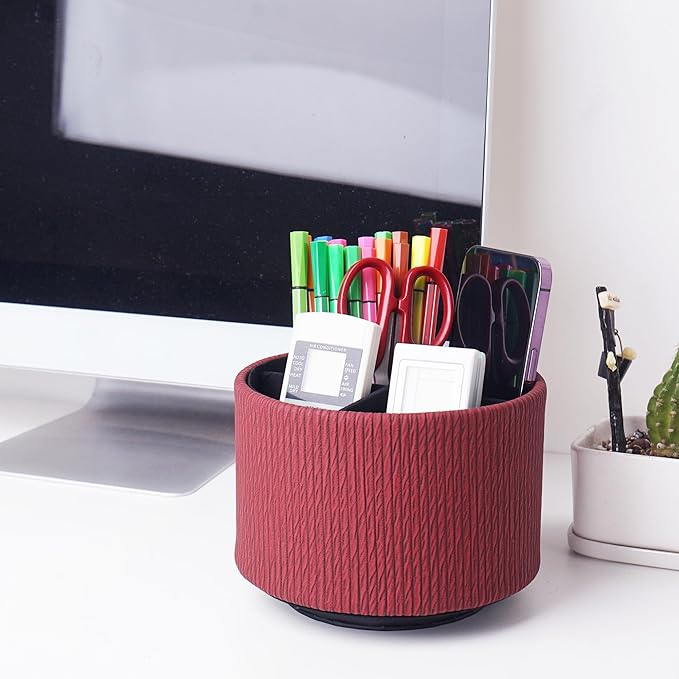 Round Leather Art Supply Organizer,Remote Control Holder,360 Degree Spinning,Multi-Functional Pencil Holder,4 Compartments Desktop Stationary Organizer(1-Wood Red)