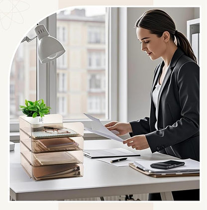 Harloon 4 Tier Acrylic Paper Tray 13 x 9.8 x 3 Inches Stackable Letter Clear Organizer No Need to Assemble Acrylic Paper Organizer File Tray for Office Workspace Desktop Storage (Transparent Gray)