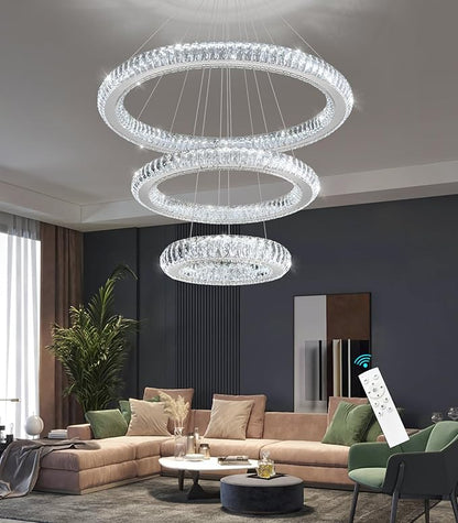 3 Rings Chandelier Modern Dimmable High Ceiling Large Ring Chanderliers Entryway Crystal Pendant Lights for Entryway Foyer Living Room Silver Light