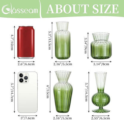 Glasseam Glass Bud Vase for Flowers: Green Small Vases for Centerpieces Modern Handmade Mini Vase for Wedding Party Table Home Decor Unique Decorative Ribbed Flower Vase Set of 8