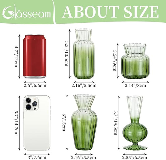 Glasseam Glass Bud Vase for Flowers: Green Small Vases for Centerpieces Modern Handmade Mini Vase for Wedding Party Table Home Decor Unique Decorative Ribbed Flower Vase Set of 8