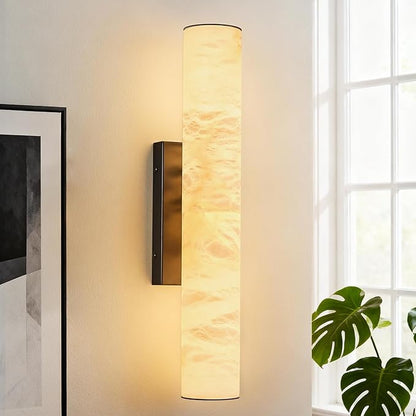 LMQNINE Natural Alabaster Wall Sconces Set of Two Spanish Marble Wall Light Cylinder Modern Black LED Sconce for Living Room Bedroom Bathroo Stairs（S-2Pack）