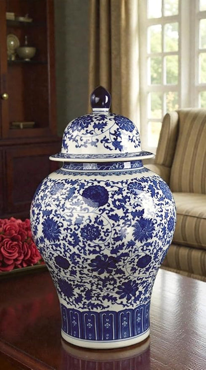 24" Classic Blue and White Floral Porcelain Ceramic Temple Ginger Jar Vase, Large China Qing Style (Blue and White 24-5)