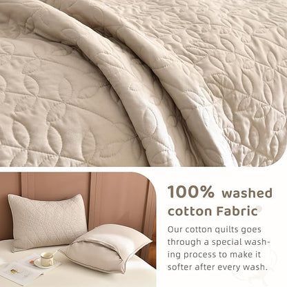 Sanracie Oversized Queen Quilt Bedspread 102"*118", 100% Cotton Quilt Bedding Set 3pcs Linen Colored Extra Large Wide Coverlet Queen Size Lightweight Soft and Cozy Cloud Bed Quilts for All Season