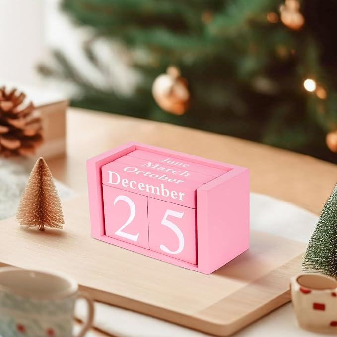 Perpetual Desk Calendar - Wooden Block Calendar for Desk, Reusable Date Display Blocks for Office & Home Decor, Teacher Classroom Accessory (Pink)