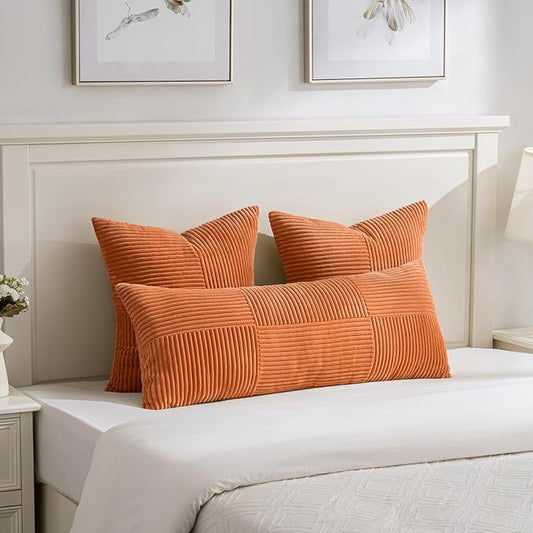 Fancy Homi Set of 2 Orange Boho Long Lumbar Body Decorative Throw Pillow Cover 14x36 Inch for Bed Couch Bedroom Bench, Soft Patchwork Corduroy Textured Pillow Case, Rustic Farmhouse Room Décor