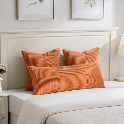 Fancy Homi 2 Packs Burnt Orange Decorative Throw Pillow Covers 22x22 Inch for Living Room Couch Bed, Rustic Farmhouse Boho Home Decor, Soft Corss Corduroy Patchwork Accent Square Cushion Case 55x55 cm