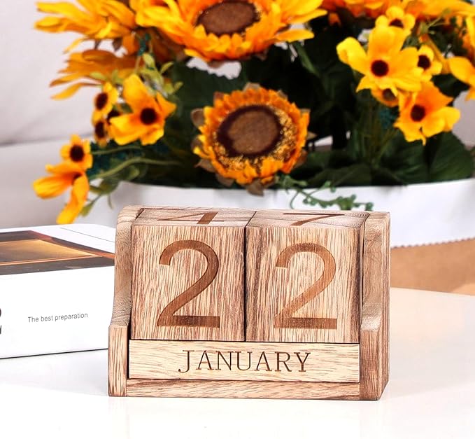 Wooden Desk Calendar,Desk Calendar Blocks for Teachers,Office Perpetual Date Block Small Home Desktop Decor Chic Vintage Month with Number Cubes Display Rustic Decoration(Carbonized Black)