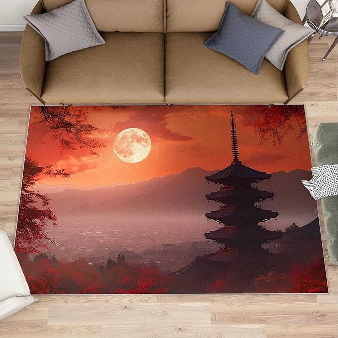 Japanese Style Area Rug 6x8 Washable Rug Red Maple Leaves Rugs for Living Room Sunset Scene Non Slip Carpet Floral Print Mat Bedroom Bathroom