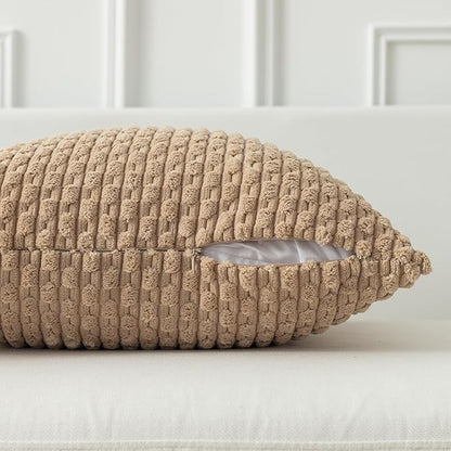 Kevin Textile 16x24 Inch Pillow Cover 1 Pack Boho Decorative Soft Striped Corduroy Lumbar Farmhouse Solid Color Accent Rectangle Cushion Case for Living Room Couch Sofa Bed, Tan