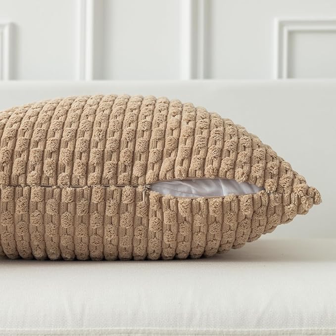 Kevin Textile 12x20 Inch Pillow Cover 1 Pack Boho Decorative Soft Striped Corduroy Lumbar Farmhouse Solid Color Accent Rectangle Cushion Case for Living Room Couch Sofa Bed, Tan