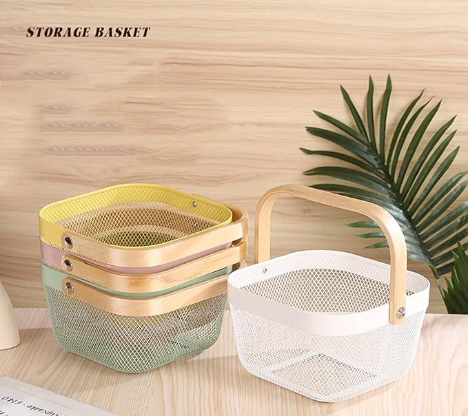 Metal Mesh Wire Basket, Mini Steel Basket with Wooden Handle Storage Organizer Basket Multi-functional Hanging Kitchen Baskets Fruit Baskets for Kitchen Bathroom Cabinet Pantry Snacks, White