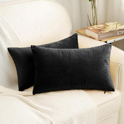 HWY 50 Black Velvet Rectangular Throw Pillow Covers 12x20 Inch, Pack of 2 Soft Cozy Solid Decorative Luxury Cushion Cases for Couch Sofa Bed Living Room Bedroom