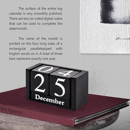 Perpetual Desk Calendar Wooden Block Calendar for Desk Reusable Date Display Blocks for Office Home Decor Teacher Classroom Accessory (Black)