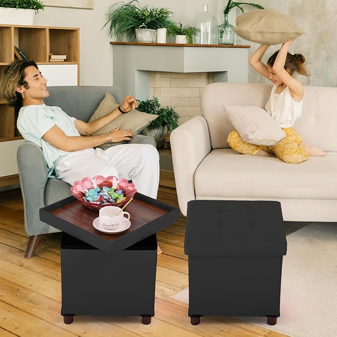 Storage Ottoman for Living Room，Square Ottoman with Tray Bedroom Cube Foot Rest Stool with Legs Ottomans Coffee Table Lid Foldable Footstool Faxu Leather 15" Inch(Black)