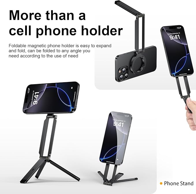 Magnetic Phone Tripod Stand Foldable Magnetic Mini Tripod Pocket Cell Phone Stand with Arca-Swiss, 1/4'' Screw Hole,Compatible with Magsafe for iPhone 17/16/15/14/13/12