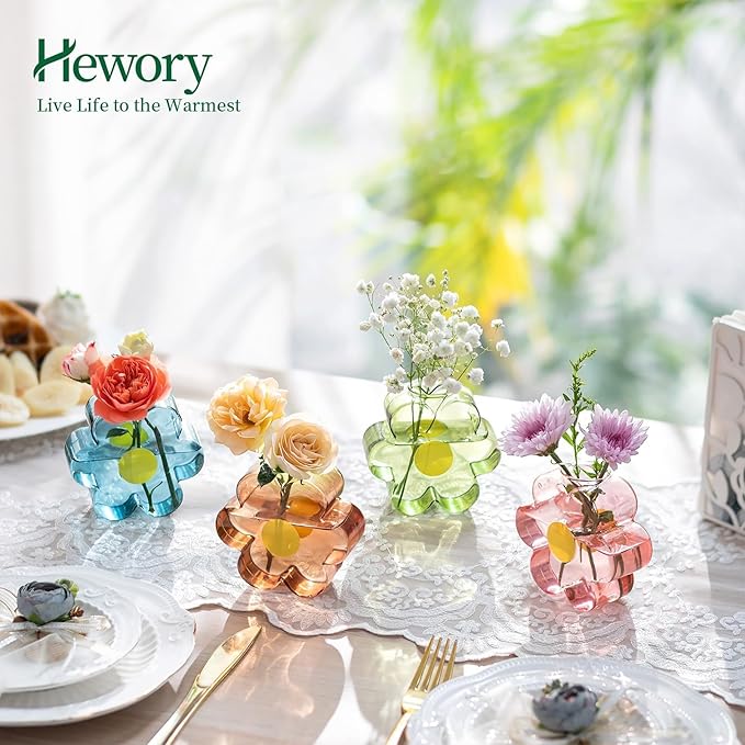 Hewory Unique Small Vases for Flowers: Colorful Vase Set Girly Home Shelf Decor - Cute Glass Bud Vases for Centerpieces Modern Living Room Office Bedroom (Pink & Blue & Green & Amber)