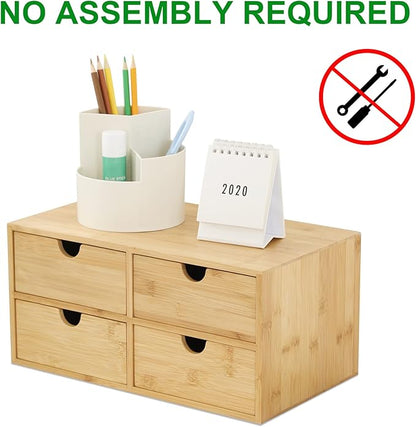 Wisuce Bamboo Desk Organizer - Mini Desktop Drawer Tabletop Storage Organization Box for Office Home Toiletries Supplies, No Assembly Required (4 Drawer)
