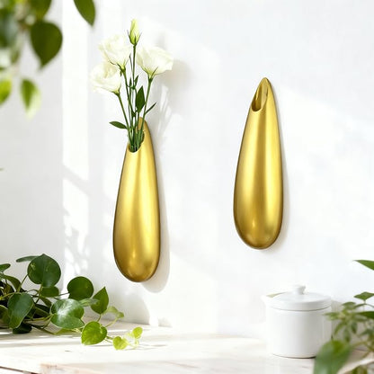 Sculptural Wall Ceramic Vase — 2 Pack Gold Hanging Sconce Vase | Turn Flowers into Art — Decorative Ceramic Wall Sconce for Single Stem Displays