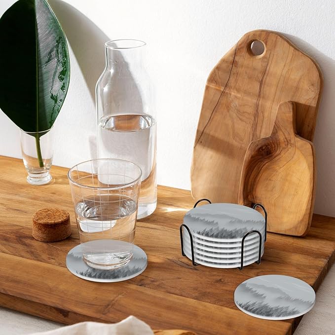 6 Pcs Ceramic Coasters with Holder Absorbent Drink Round Mountains Forest Fog Design for Home Table Coffee Cup Wine Beer Bar,Size 4.4 inches