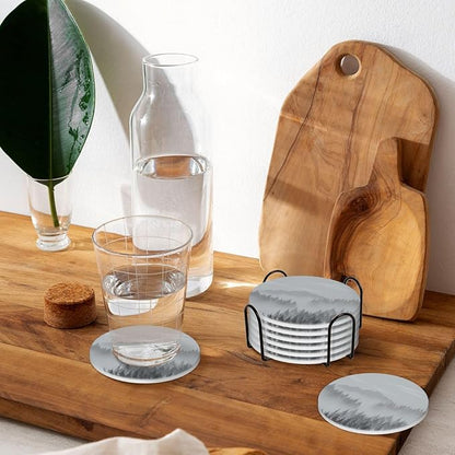 6 Pcs Ceramic Coasters with Holder Absorbent Drink Round Mountains Forest Fog Design for Home Table Coffee Cup Wine Beer Bar,Size 4.4 inches