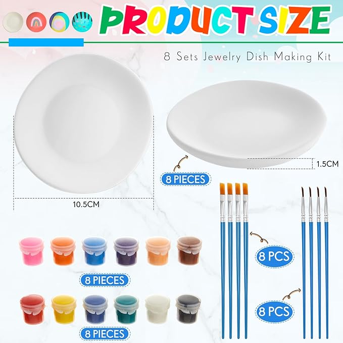 Kolldenn 8 Sets Jewelry Dish Making Kit DIY Paint Your Own Ceramic Arts and Crafts Kit Make Your Own Jewelry Bowls Gifts for Birthday Gift Ideas (Round Plate)