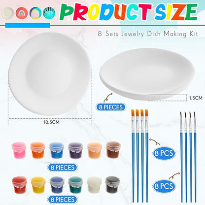 Kolldenn 8 Sets Jewelry Dish Making Kit DIY Paint Your Own Ceramic Arts and Crafts Kit Make Your Own Jewelry Bowls Gifts for Birthday Gift Ideas (Round Plate)