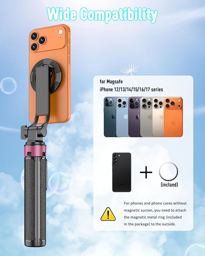 Magnetic Tripod for iPhone, Portable Selfie Stick Phone Tripod with Remote, Four-Leg Support Cellphone Stand for iPhone Magsafe, Fits Selfie Video Recording Gym Travel Essentials Accessories