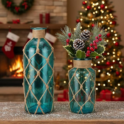 Chuangdi Set of 2 Coastal Glass Vases Christmas Vases for Flowers with Boho Rope Christmas Centerpieces for Tables Small Beach Bottle for Nautical Wedding Floral Arrangement Decorations(Aqua Blue)