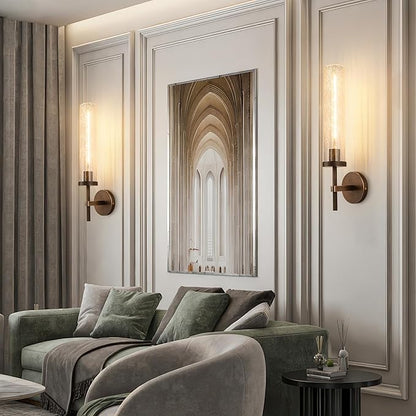 19.5" Knurled Brass Wall Sconce with Crackle Glass Tube, Bronze Bathroom Vanity Light Fixtures, Modern Lamp Lighting for Bedroom, Living Room, Hallway, Staircase, Mirror, Kitchen