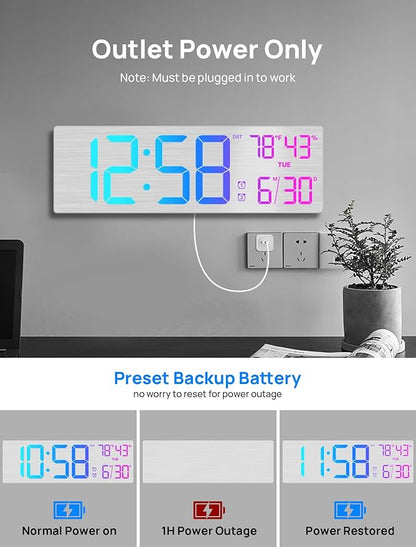 MASHI 18.5" Large Digital Wall Clock with Remote Control, Dual Alarm with Big LED Screen Dispaly,10 Adjustable Brightness, DST, Date Week,Temp for Living Room, Bedroom, Gift for Elderly (Silver)