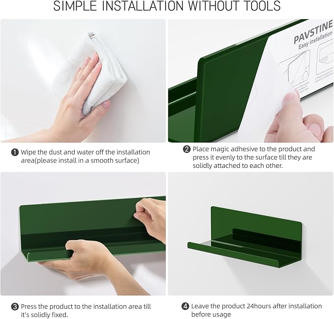 PAVSTINE Adhesive Floating Shelves for Wall No Drilling, 12 Inch Acrylic Self Adhesive Shelves, Stick on Shelves, Dorm Wall Shelf, for Bathroom, Kitchen, Bedroom, Office, Gaming Room, Green