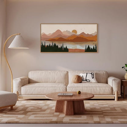HLNIUC Boho Mountain Burnt Orange Wall Art Framed, Mid Century Modern Terracotta Wall Decor 40x20, Southwest Sunset Canvas Painting, Large Nature Picture for Living Room, Bedroom, Office
