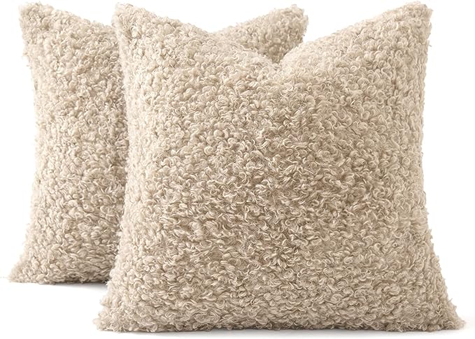 MIULEE Pack of 2 Faux Fur Throw Pillow Covers 20x20 Inch Neutral Oatmeal Boucle Decorative Sherpa Pillow Covers Fuzzy Accent Soft Sheepskin Fleece for Boho Home Decor Sofa Living Room Couch Bed
