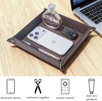 Valet Tray Desktop Storage Organizer – Premium PU Leather Catchall Bedside Vanity Tray Nightstand Caddy Holder for Remote Controller, Keys, Phone, Wallet, Coin, Jewelry,Brown