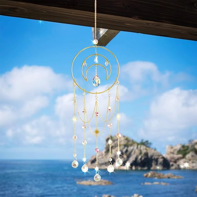 Artilady Suncatcher,Moon Sun Catcher-Large Prism Suncatcher Crystal Wind Chimes for Window Boho Home Garden Backyard Room Ceiling Charming Decor Christmas Birthday Handmade Gift for Women