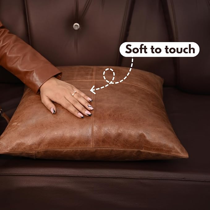 D DOLLY LAMB Lambskin Leather Pillow Cover - Sofa Cushion Case - Decorative Throw Covers for Living Room & Bedroom, 22x22 Inches - Tan & Brown Plain Pack of 2