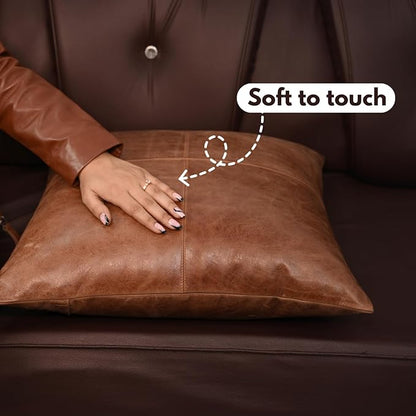 D DOLLY LAMB Lambskin Leather Pillow Cover - Sofa Cushion Case - Decorative Throw Covers for Living Room & Bedroom, 18x18 Inches - Tan & Brown Plain Pack of 2