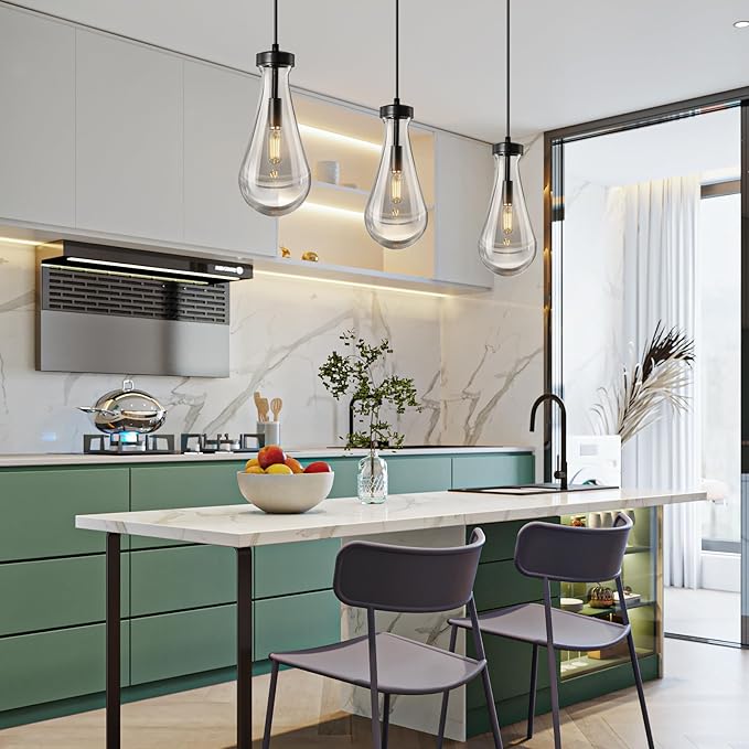 Raindrop Pendant Lights Kitchen Island Teardrop Black Hanging Light Fixtures Clear Solid Glass Pendant Light Modern Chandeliers for Dining Room Porch Corridor Living Room…
