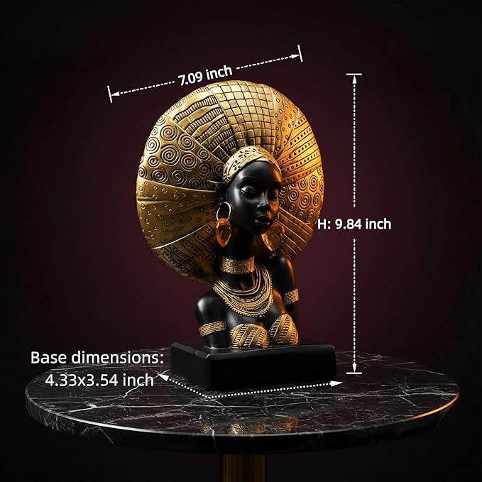 African Woman Statue with Gold Sunburst Headdress – Resin Figurine with Tribal Jewelry, Afrocentric Home Decor Accent, Cultural Sculpture Gift for Women