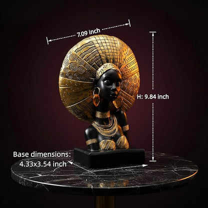 African Woman Statue with Gold Sunburst Headdress – Resin Figurine with Tribal Jewelry, Afrocentric Home Decor Accent, Cultural Sculpture Gift for Women