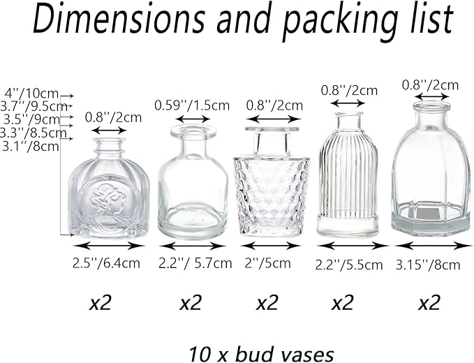 Bud Vases in Bulk - Small Glass Vase Set of 10 Different Shape Vintage, Mini Vases Clear for Flowers, Table, Wedding, Centerpieces, Home Decor