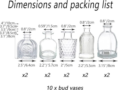 Bud Vases in Bulk - Small Glass Vase Set of 10 Different Shape Vintage, Mini Vases Clear for Flowers, Table, Wedding, Centerpieces, Home Decor
