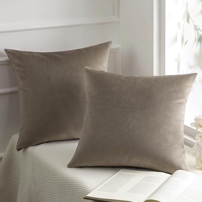 Phantoscope Pack of 2 Velvet Decorative Throw Pillow Covers Soft Solid Square Cushion Case for Couch Taupe 18 x 18 inches 45 x 45 cm