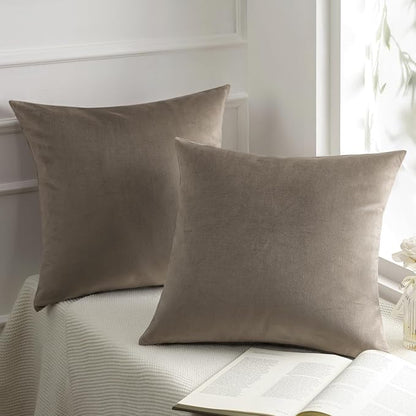 Phantoscope Pack of 2 Velvet Decorative Throw Pillow Covers Soft Solid Square Cushion Case for Couch Taupe 18 x 18 inches 45 x 45 cm