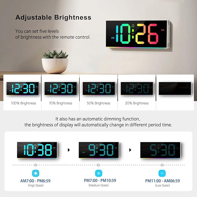Large Digital Wall Clock 12", Digital Clock with Full Screen Display, 12 RGB Colors Changing, DST, Wall Clock with Night Lights for Elderly Living Room Bedroom Gaming Room (Whie)